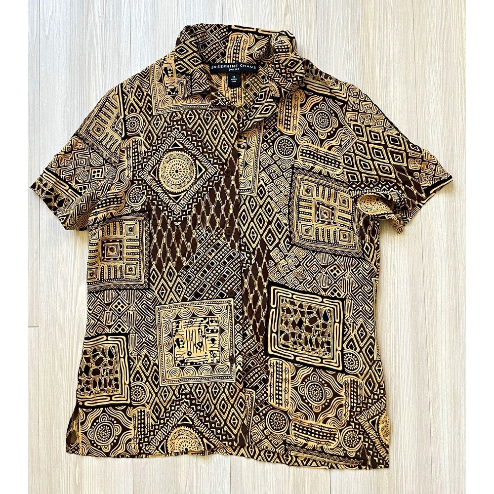 Josephine Chaus Silk Brown Geometric Tribal Print Short Sleeve Button-Up Sz M